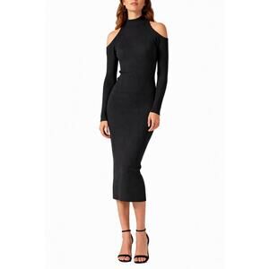 NEW ASTR Ribbed Midi Dress Womens Medium Charcoal Cold Shoulder Bodycon Stretch